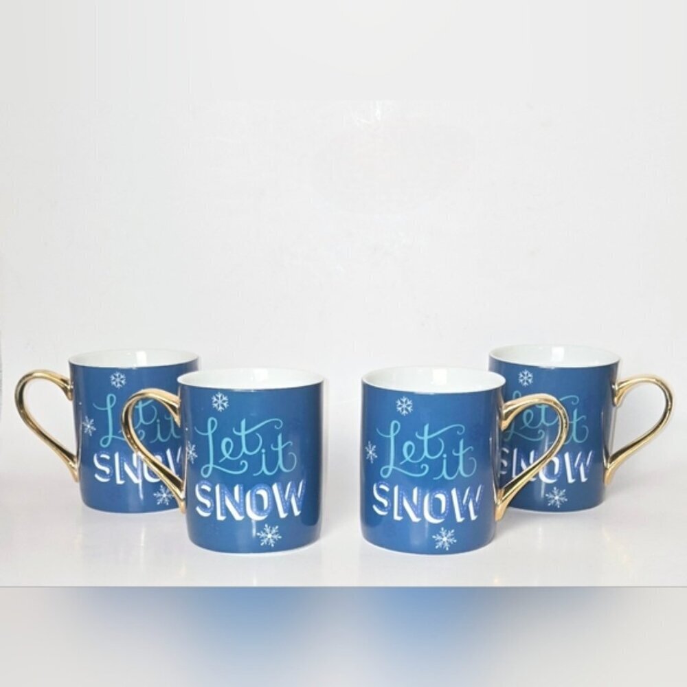 Vintage Set Of 4 Ciroa With Love Mugs "Let It Snow" Blue with Gold Handles